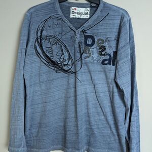 Men's Desigual Long Sleeve T-Shirt, Button Collar, Grey/Blue, XL, Cotton,